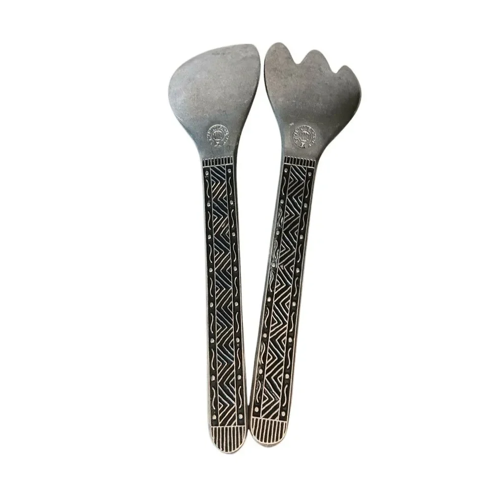 Wilton Armetale Pewter Serving Utensils Spoon & Fork Black & Silver Aztec Design